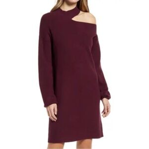 Halogen Cutout Shoulder Sweater Dress Women's Sz XL Burgundy Fig Long Sleeve NWT